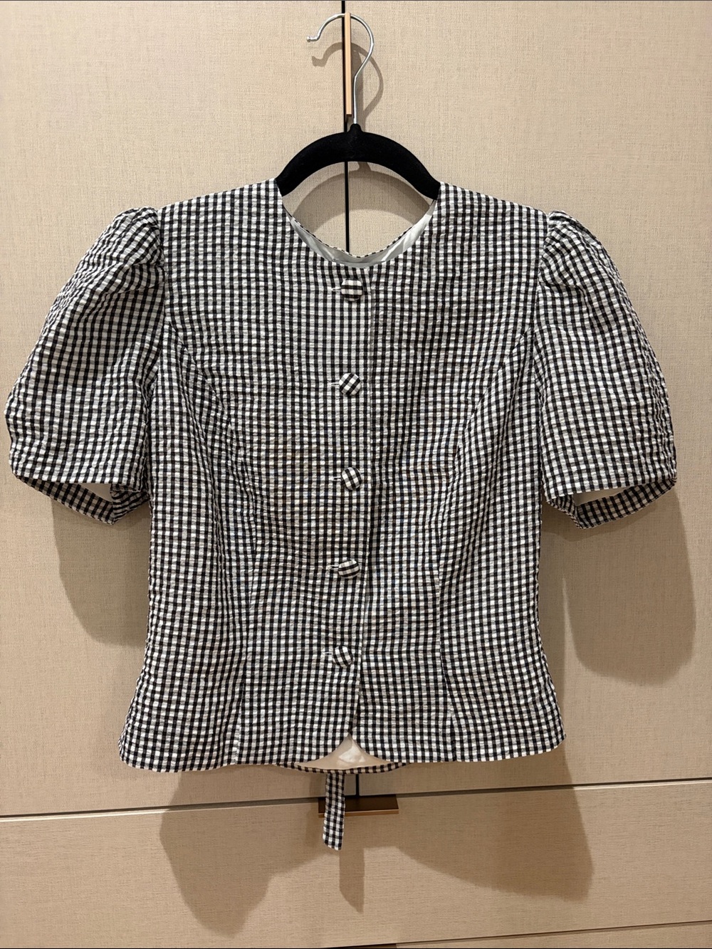 Reformation Mika Top Black and White Gingham Puff-Sleeve Top